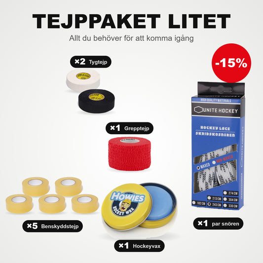 Mały zestaw taśm: 5x taśma na ochraniacze, 2x taśma z tkaniny, 1x taśma do chwytu, 1 para sznurowadeł do łyżew i wosk hokejowy